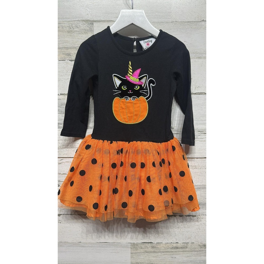 Counting Daisies Halloween Dress Girls 3T Black Orange Cat Pumpkin Tutu